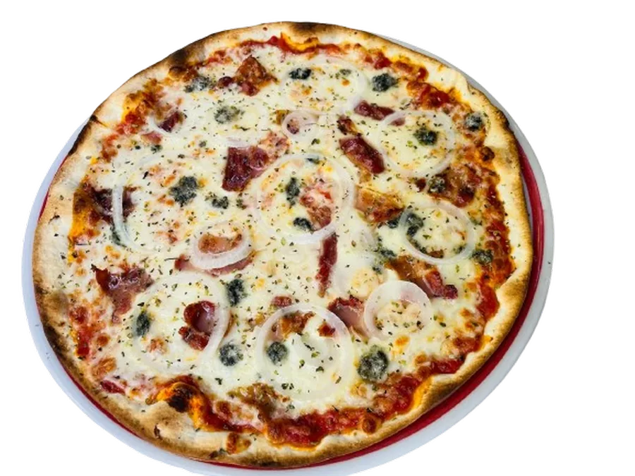 Pizza Max de Il Nuraghe: bacon, gorgonzola y cebolla, sobre masa fina de 30 cm